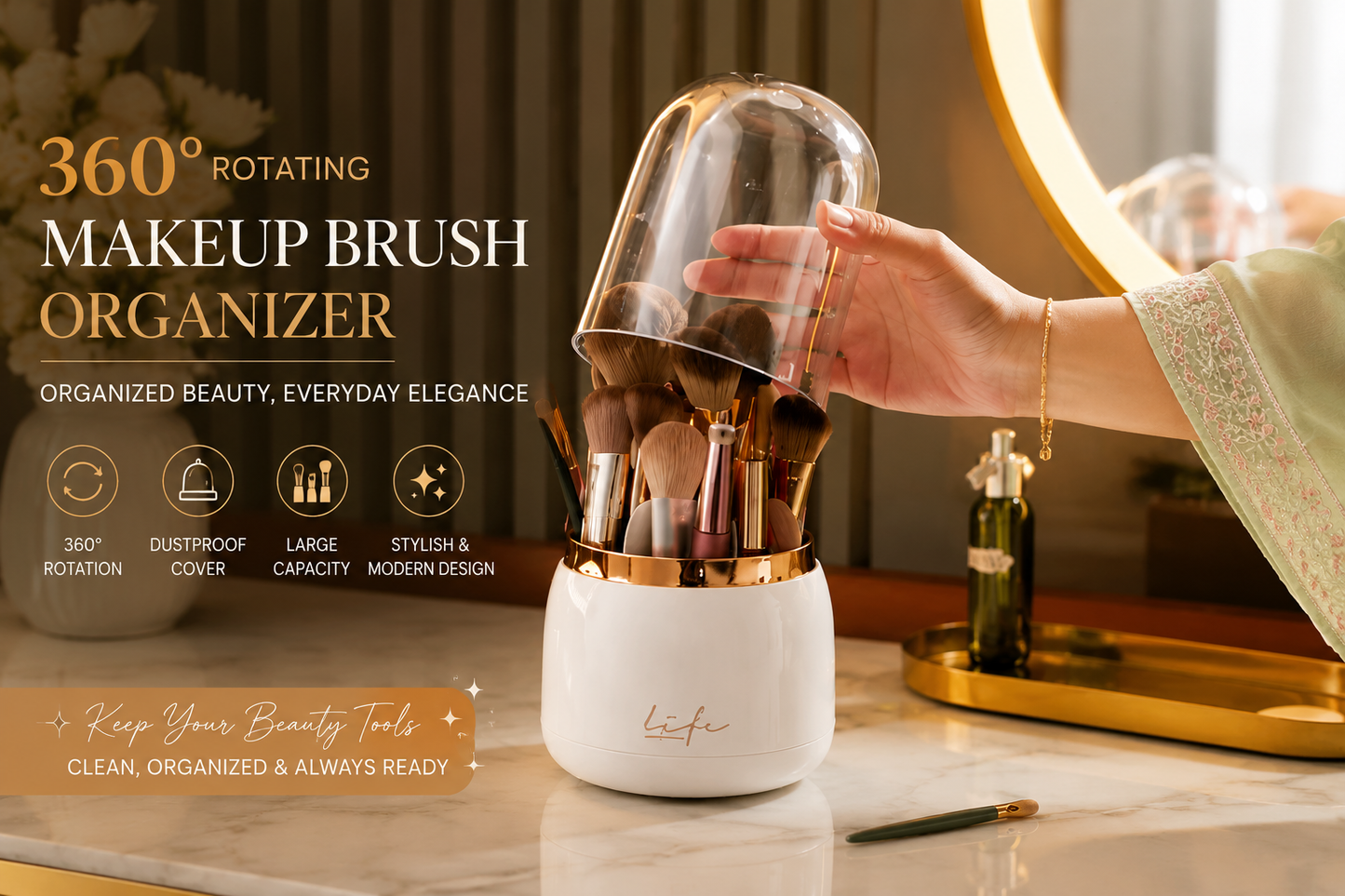 Crystal Makeup Brush Organizer – Round Rotating Brush Holder