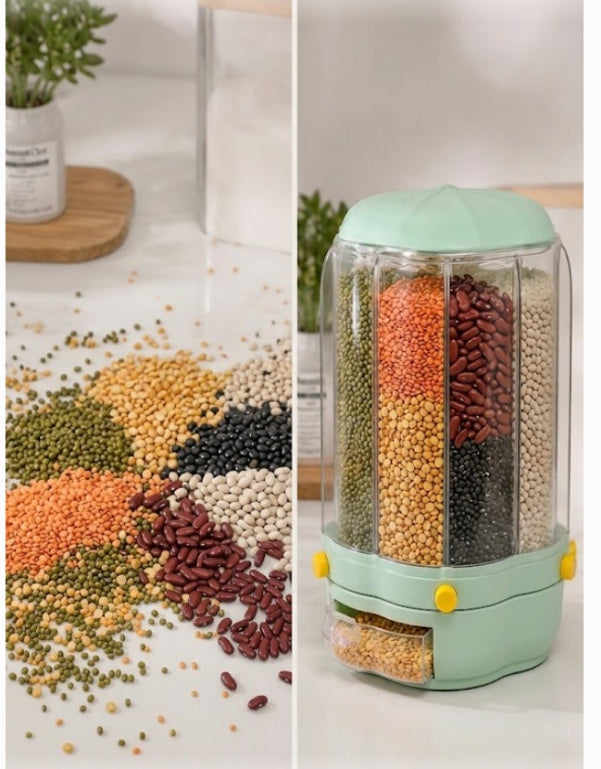 6-Compartment Rotating Pulses & Dry Food Storage Dispenser | Space-Saving Kitchen Organizer