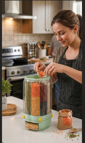 6-Compartment Rotating Pulses & Dry Food Storage Dispenser | Space-Saving Kitchen Organizer