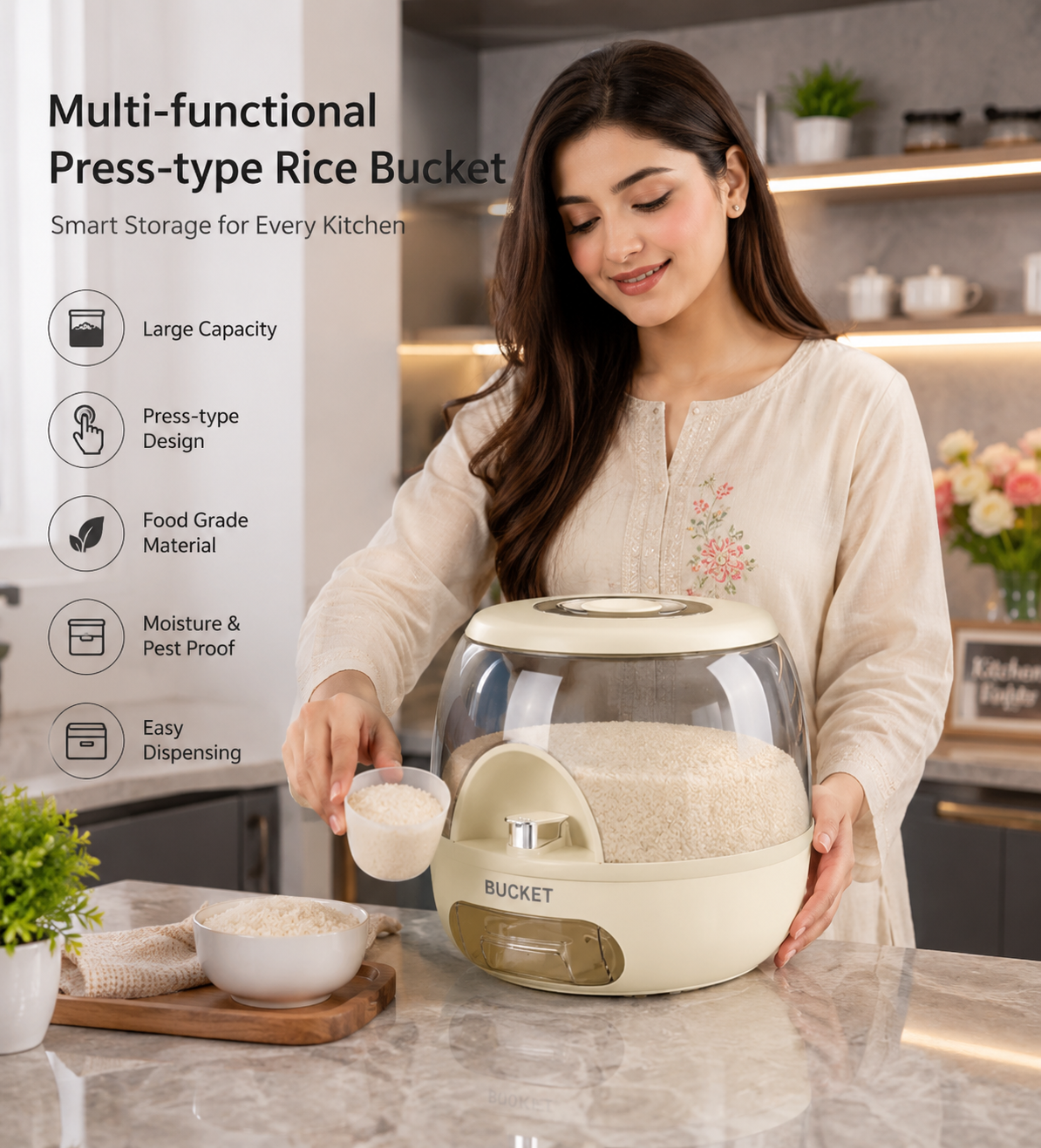 Multi-Functional Press-Type Rice Storage Bucket