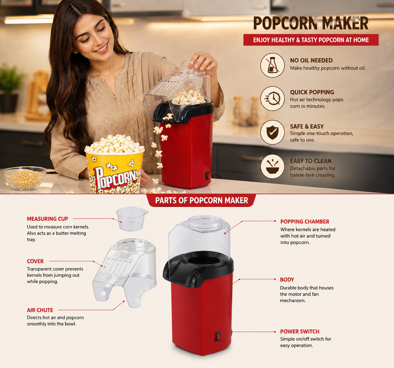 Hot Air Popcorn Maker Machine – Oil-Free Electric Popcorn Maker for Home