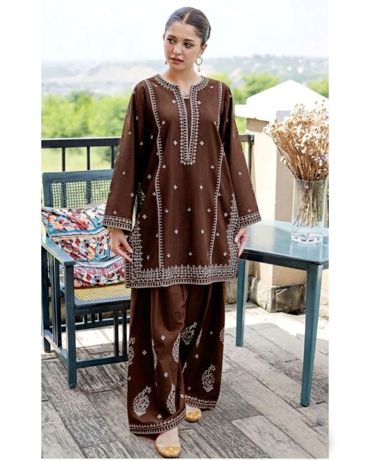 Deep Espresso Brown Classic Embroidered" suit 2 piece summer collection