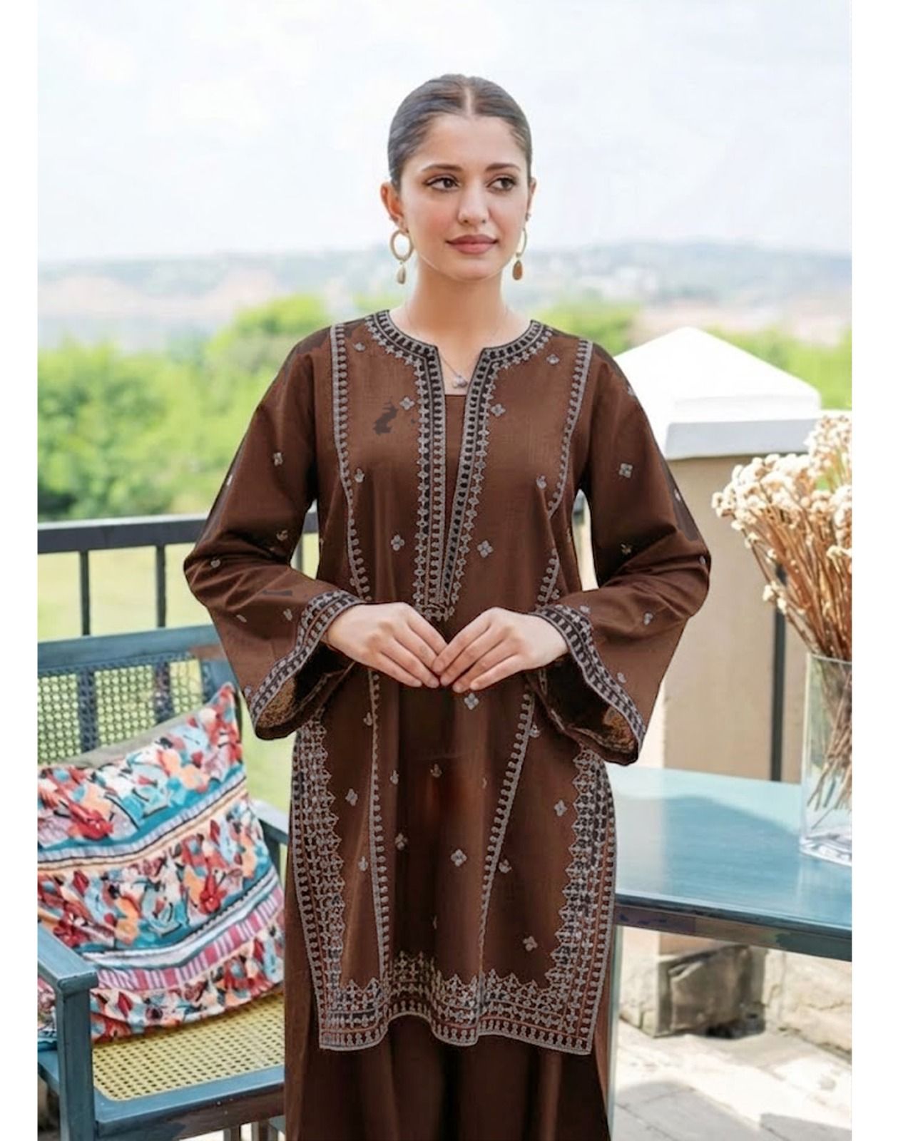 Deep Espresso Brown Classic Embroidered" suit 2 piece summer collection