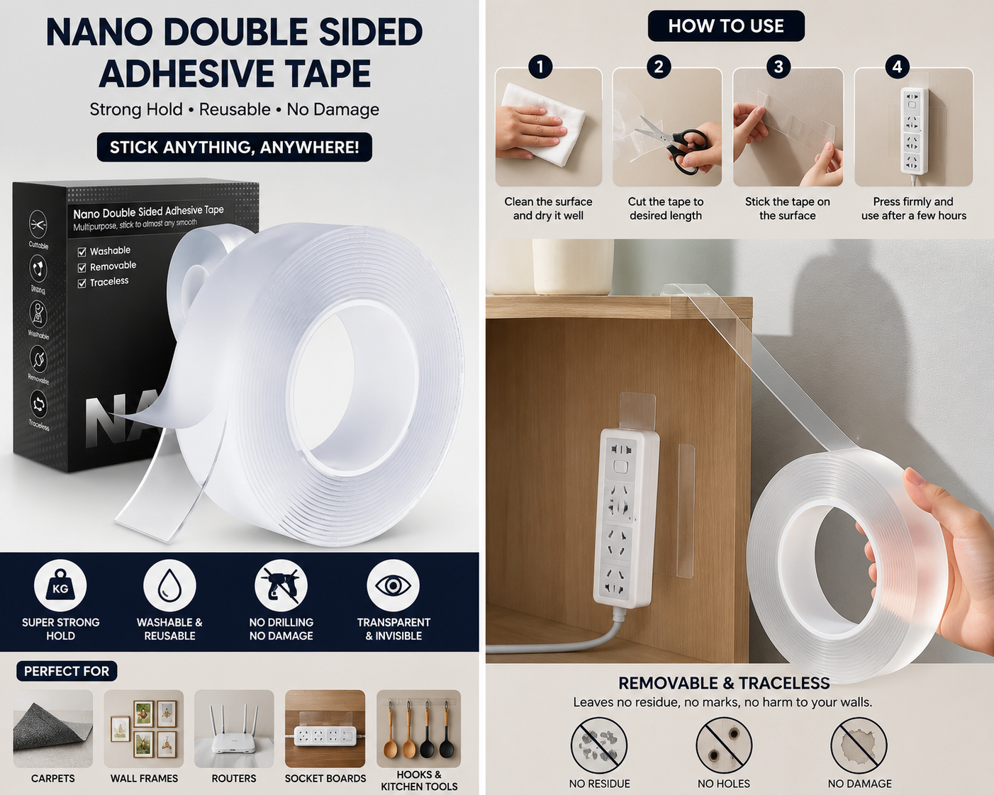 Nano Tape – Strong Double-Sided Reusable Adhesive Tape